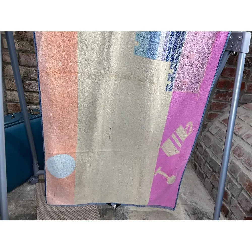 beach towel sandcastle pink blue orange 1980s
